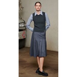 WE-AR4 Asymmetric Pleated‎ Skirt M Gray Virgin Wool Blue Pinstripes USA NEW